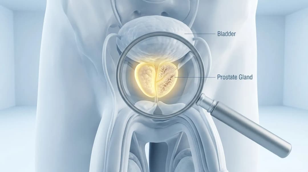 Magnifying glass inspecting prostate gland